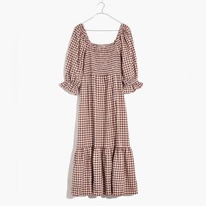 Madewell Lucie Elbow-Sleeve Smocked Midi Dress in Gingham